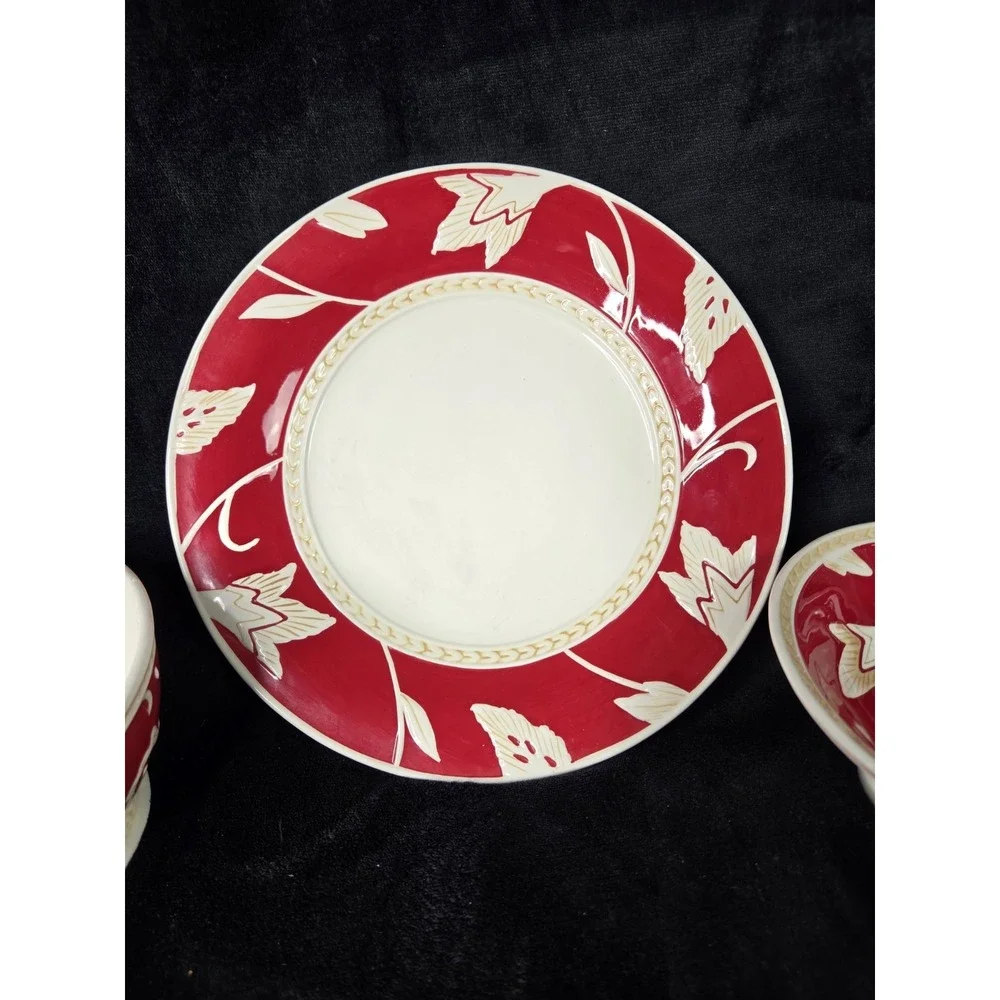 Fitz & Floyd Town And Country Collection Lot Footed Bowl Plate Cereal Bowl Red